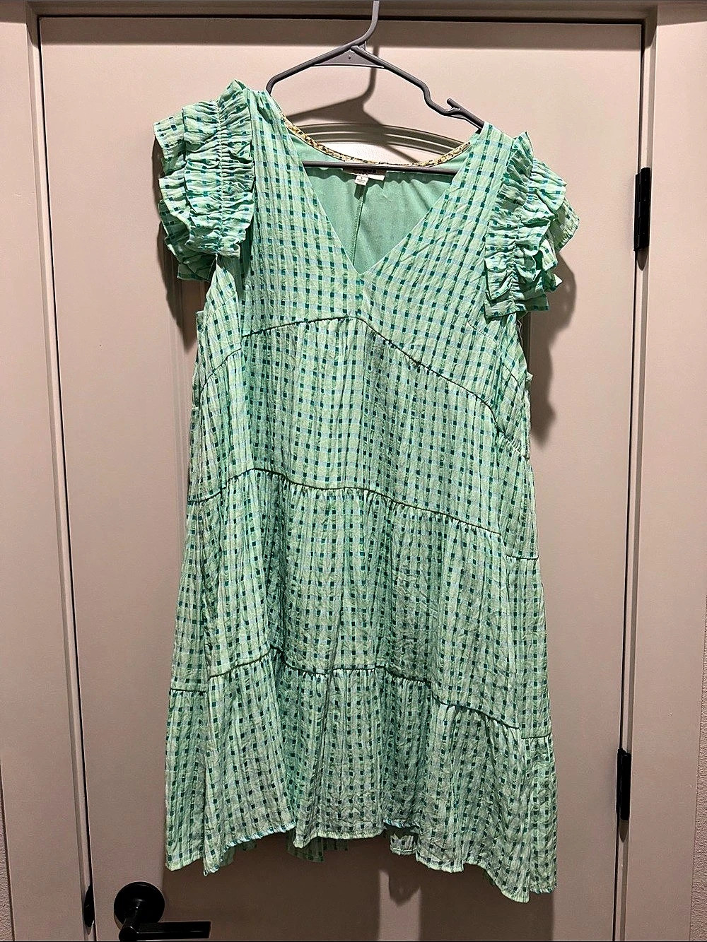 Umgee Gingham Midi Dress Mini Dress in Green & White Size Large